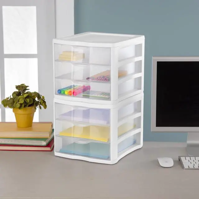 Alt view image 2 of 7 - Sterilite 3 Drawer Unit, Countertop Organizer, Clear Storage Solution for Desks, Countertops, and Shelves, White