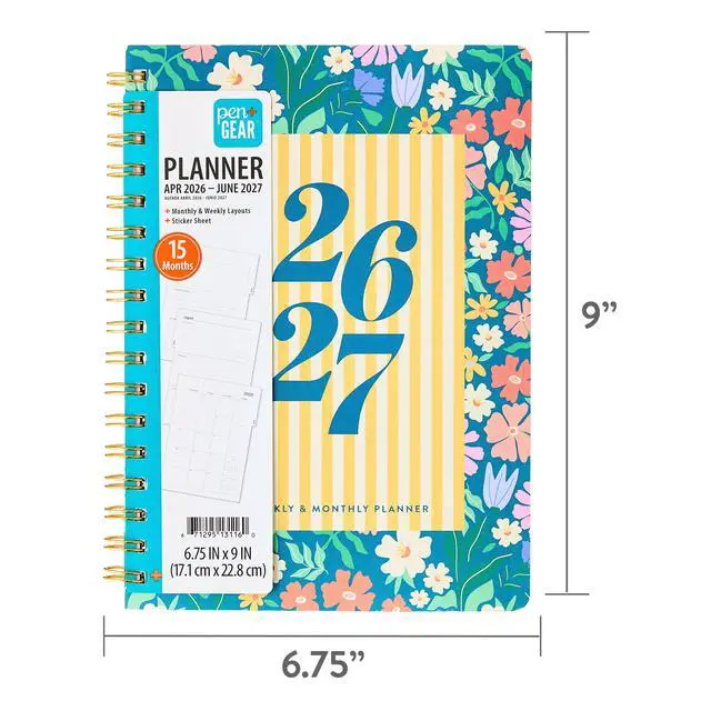 Alt view image 2 of 6 - Pen+Gear 15-Month Monthly/Weekly Planner, 6.75" x 9", Multicolor Floral, April 2026-June 2027