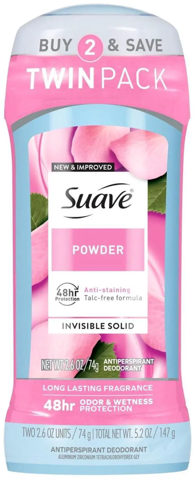 Main image of Suave Antiperspirant Deodorant For Women, 48hr Protection, Powder, 2.6 oz, Twin Pack