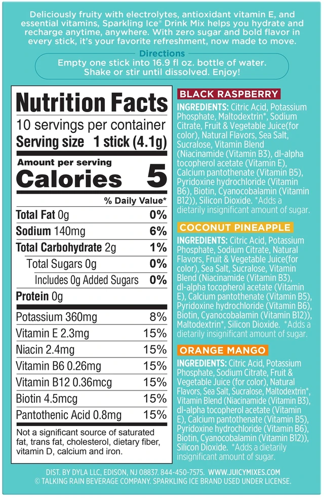 Alt view image 2 of 6 - Sparkling Ice Powder Zero Sugar Drink Mix Variety Pack, Orange Mango, Black Raspberry & Coconut Pineapple, 10 Sticks