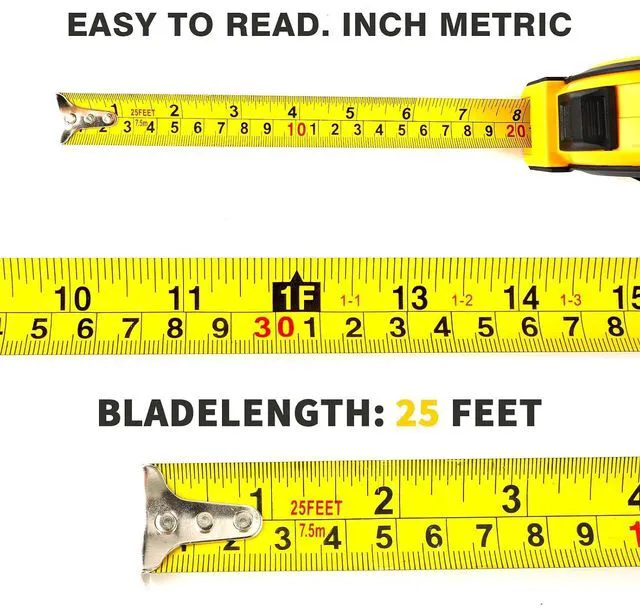 Alt view image 4 of 7 - 25FT Steel Tape Measure, Self-Locking, Retractable, Imperial/Metric Scale