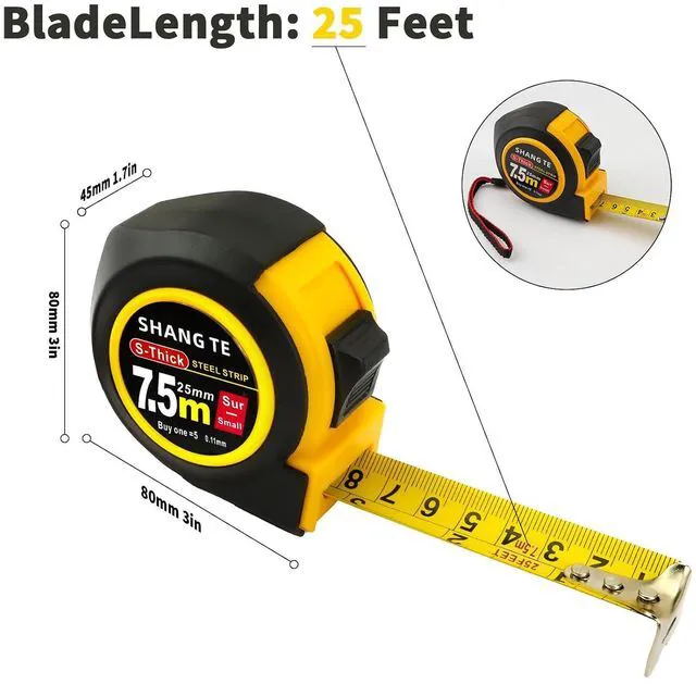 Alt view image 7 of 7 - 25FT Steel Tape Measure, Self-Locking, Retractable, Imperial/Metric Scale