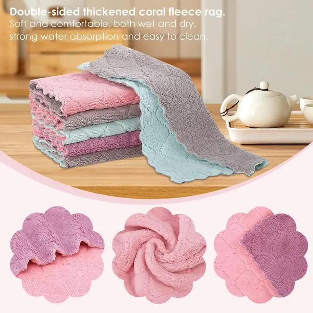 Alt view image 3 of 6 - Rachan 11-Pack Kitchen Dishcloths, Reusable Non-Stick Oil Quick-Dry Super Absorbent Coral Fleece Cleaning Cloths, Green-Gray 25.4x15.2cm