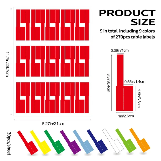 Alt view image 2 of 4 - 270Pcs 9-Color Waterproof Tear-Resistant Cable Labels, Self-Adhesive, Writeable, Printable on Laser Printers
