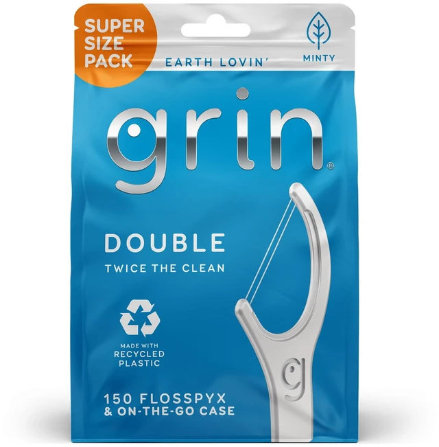 Main image of Grin Double Flosspyx Floss Picks, Mint Flavor, 150 Count, Recycled Plastic, 2-Line Floss