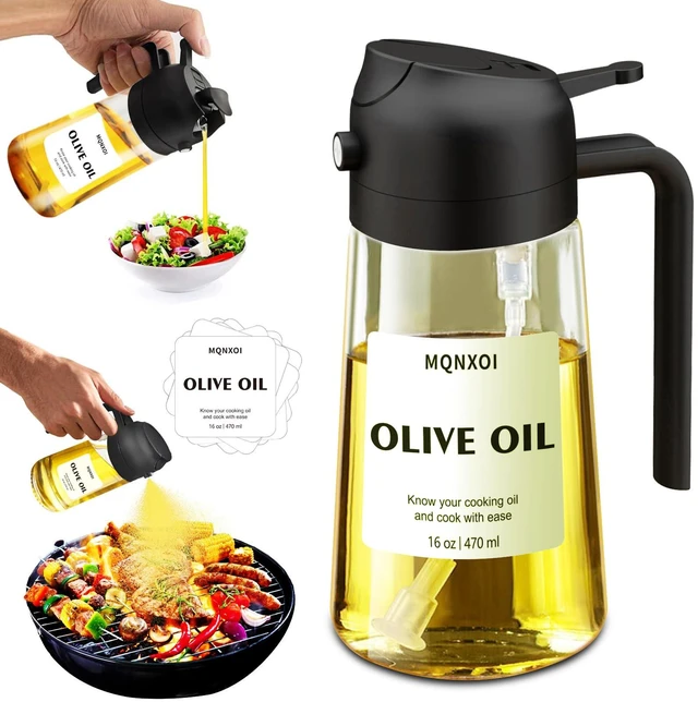 Main image of 2 in 1 Glass Oil Sprayer & Dispenser 16oz/470ml for Olive Oil Cooking, Air Fryer, Salad, Kitchen Gadgets, with Stickers (Black)