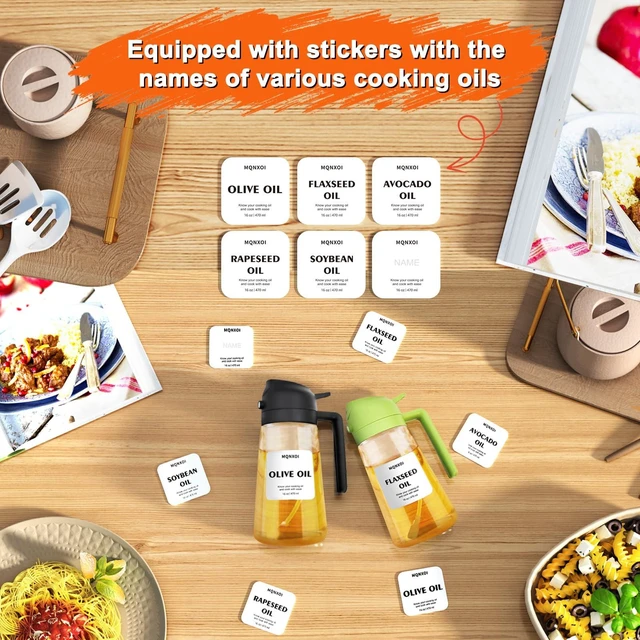 Alt view image 3 of 6 - 2 in 1 Glass Oil Sprayer & Dispenser 16oz/470ml for Olive Oil Cooking, Air Fryer, Salad, Kitchen Gadgets, with Stickers (Black)