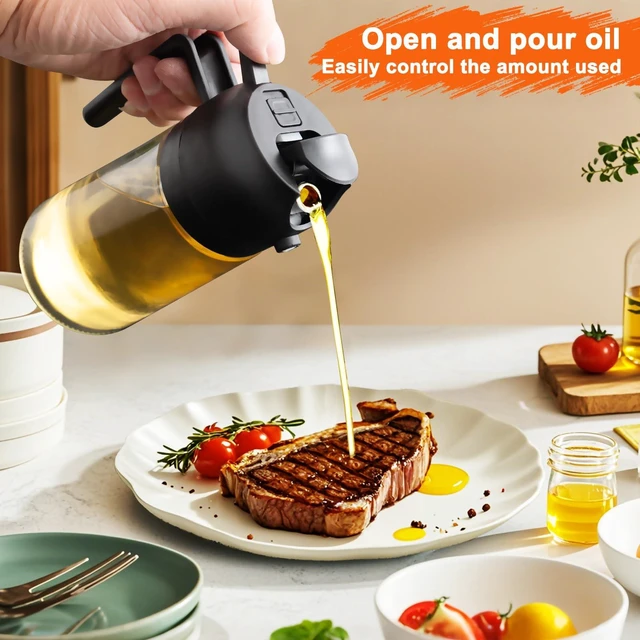 Alt view image 4 of 6 - 2 in 1 Glass Oil Sprayer & Dispenser 16oz/470ml for Olive Oil Cooking, Air Fryer, Salad, Kitchen Gadgets, with Stickers (Black)