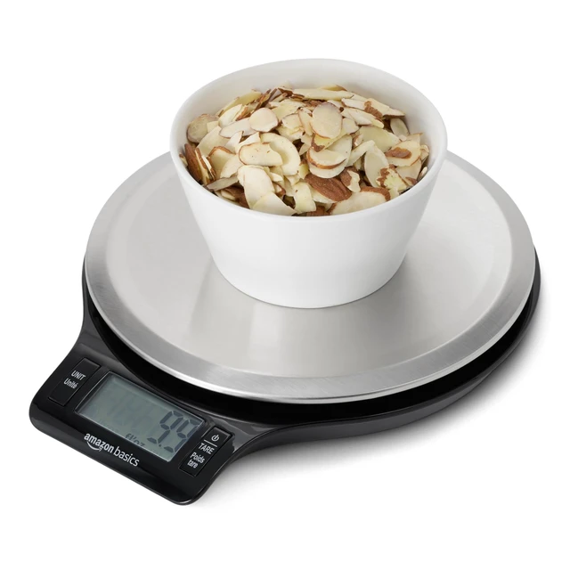 Alt view image 2 of 6 - Amazon Basics Digital Kitchen Scale with LCD Display, Tare Function, Multiple Units, 11lb Capacity, Batteries Included, Black and Stainless Steel
