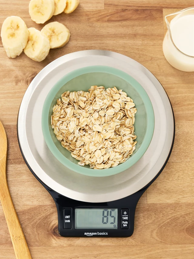 Alt view image 3 of 6 - Amazon Basics Digital Kitchen Scale with LCD Display, Tare Function, Multiple Units, 11lb Capacity, Batteries Included, Black and Stainless Steel