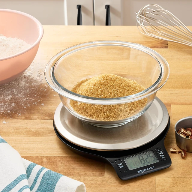 Alt view image 4 of 6 - Amazon Basics Digital Kitchen Scale with LCD Display, Tare Function, Multiple Units, 11lb Capacity, Batteries Included, Black and Stainless Steel