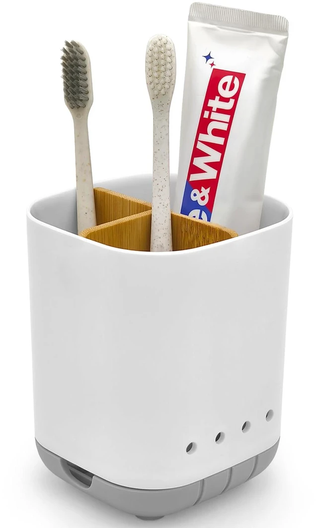 Main image of Toothbrush Holder 3 Slots Plastic Grey with Bamboo Divider Detachable Electric Toothbrush and Toothpaste Holders Storage Caddy for Bathroom Countertop Vanity Sink