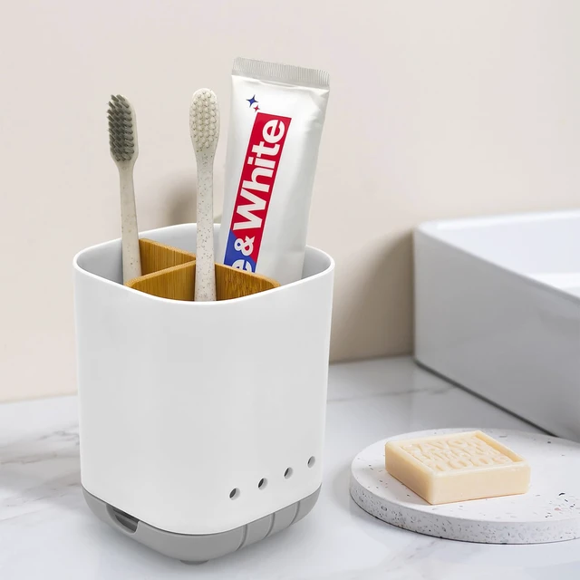 Alt view image 3 of 7 - Toothbrush Holder 3 Slots Plastic Grey with Bamboo Divider Detachable Electric Toothbrush and Toothpaste Holders Storage Caddy for Bathroom Countertop Vanity Sink