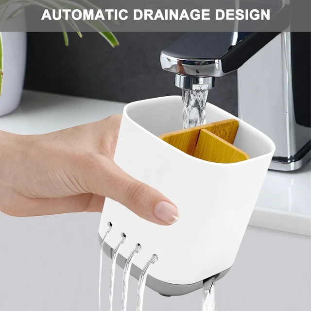 Alt view image 2 of 7 - Toothbrush Holder 3 Slots Plastic Grey with Bamboo Divider Detachable Electric Toothbrush and Toothpaste Holders Storage Caddy for Bathroom Countertop Vanity Sink