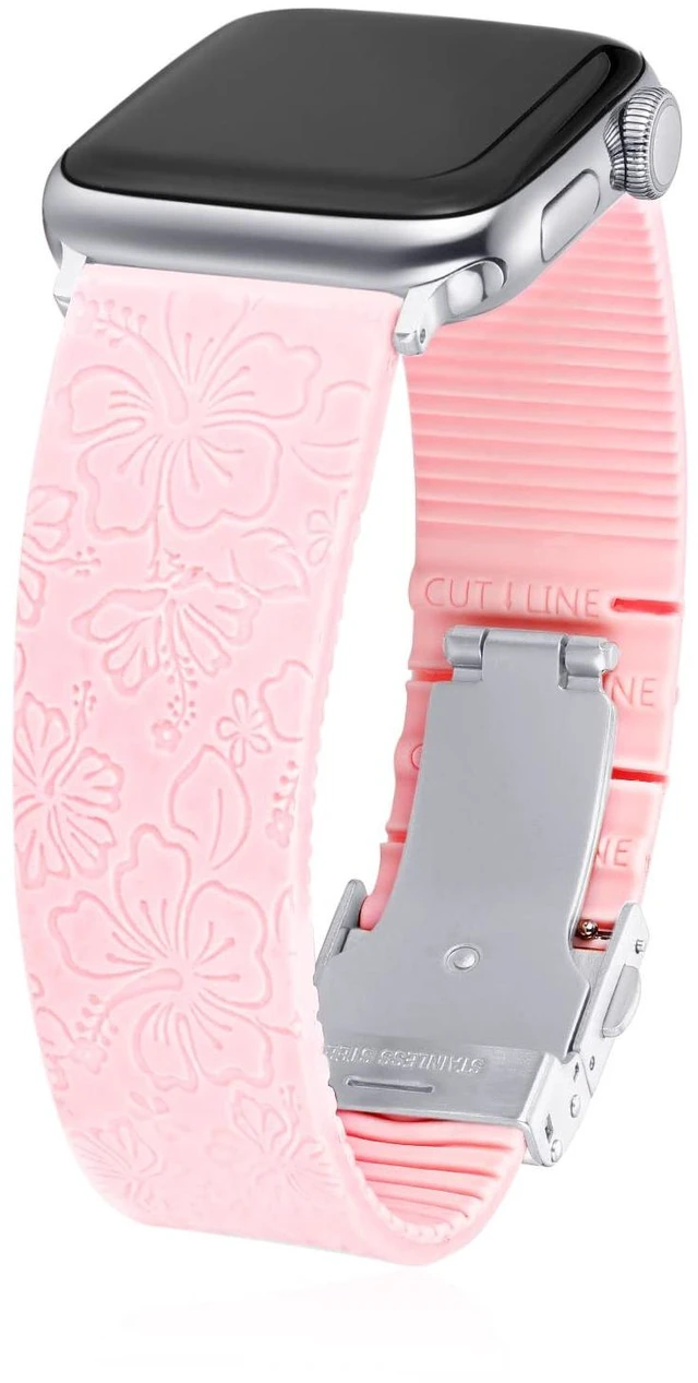Main image of Hibiscus Engraved Silicone Sport Bands Compatible with Apple Watch, Silver Buckle/Baby Pink - 41/40/38-MM