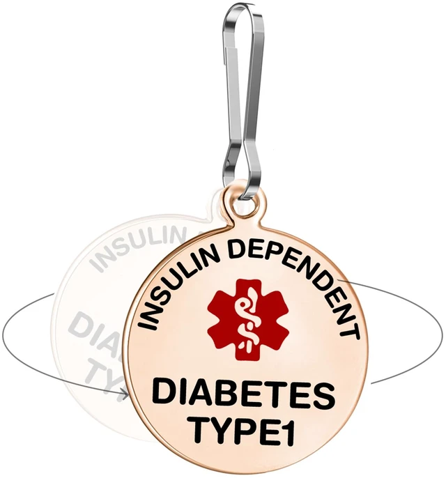 Main image of Insulin Dependent T1D Bag Tag 1.25" with Quick Clip | Pre-Engraved, Dual-Sided & Bold Lettering - PVD Rose Gold, Heavy-Duty Construction - Ideal for Emergency, Medical Condition