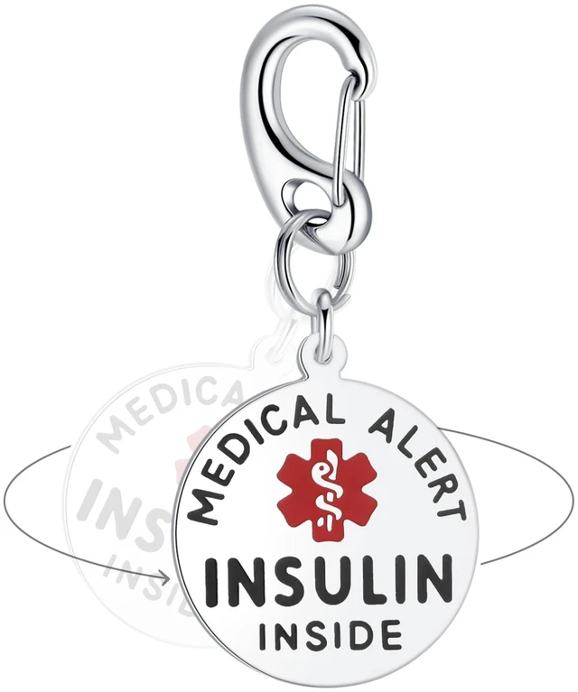 Main image of Insulin Inside Bag Tag 1.25" - with Quick Clip | Pre-Engraved Stainless Steel Dual-Sided | Bold Lettering