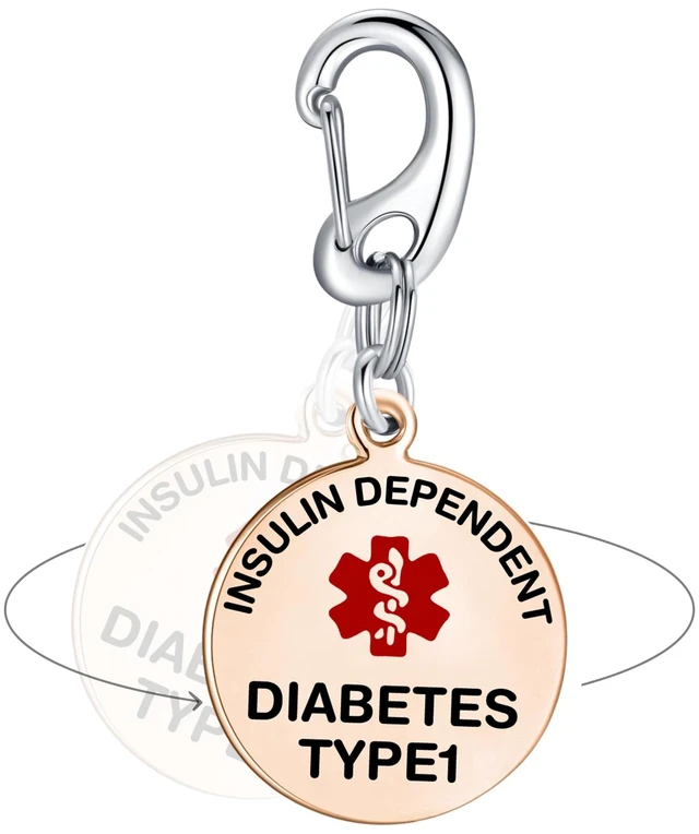 Main image of Insulin Dependent T1D Bag Tag 1.25" with Quick Clip | Pre-Engraved, Dual-Sided & Bold Lettering - PVD Rose Gold, Heavy-Duty Construction - Ideal for Emergency, Medical Condition