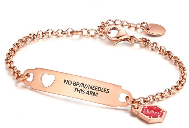 Main image of Pre-Engraved Medical Alert ID Bracelet Simple Rolo Chain Stainless Steel Silver, Water Proof with First Aid Symbol Personalized for Women Health Jewelry