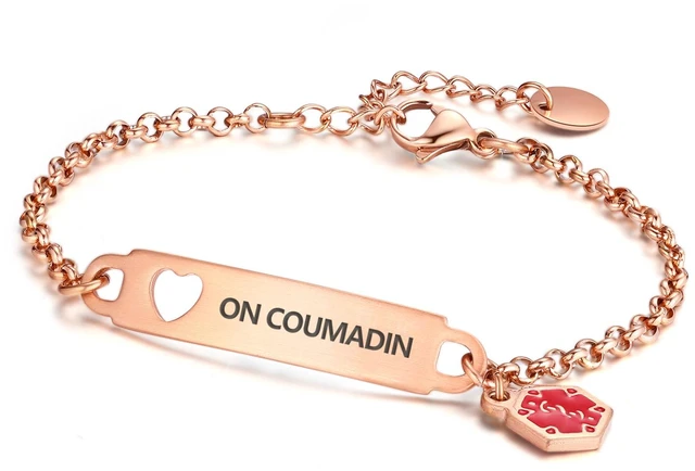 Main image of Pre-Engraved Medical Alert ID Bracelet Simple Rolo Chain Stainless Steel Silver, Water Proof with First Aid Symbol Personalized for Women Health Jewelry on coumadin
