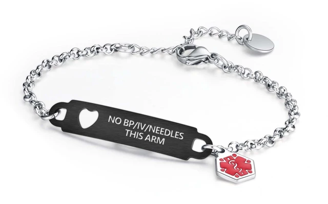 Main image of Pre-Engraved Medical Alert ID Bracelet Simple Rolo Chain Stainless Steel Silver, Water Proof with First Aid Symbol Personalized for Women Health Jewelry
