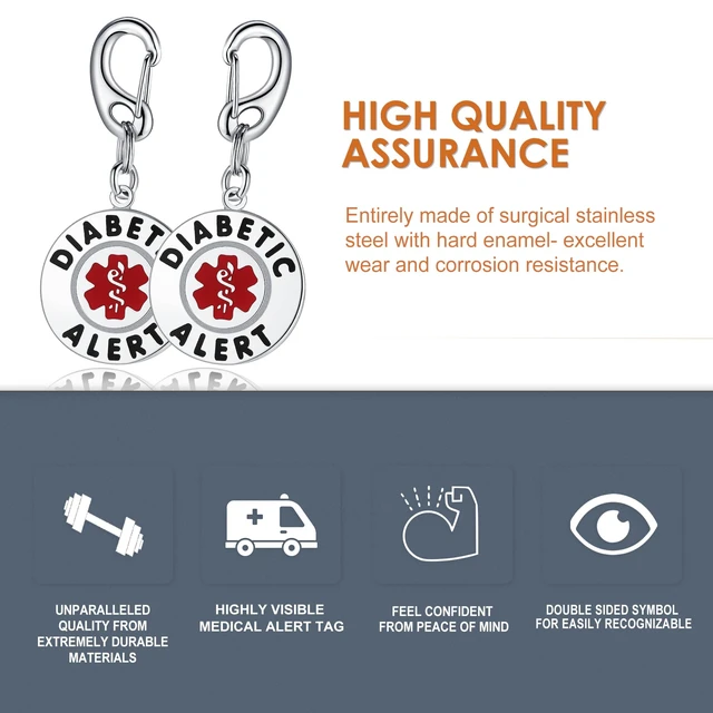 Alt view image 2 of 6 - Diabetic Alert Bag Tag | 1.25" Dual-Sided Stainless Steel Medical Emergency ID for Backpacks, Luggage & Supplies | Zipper Pull