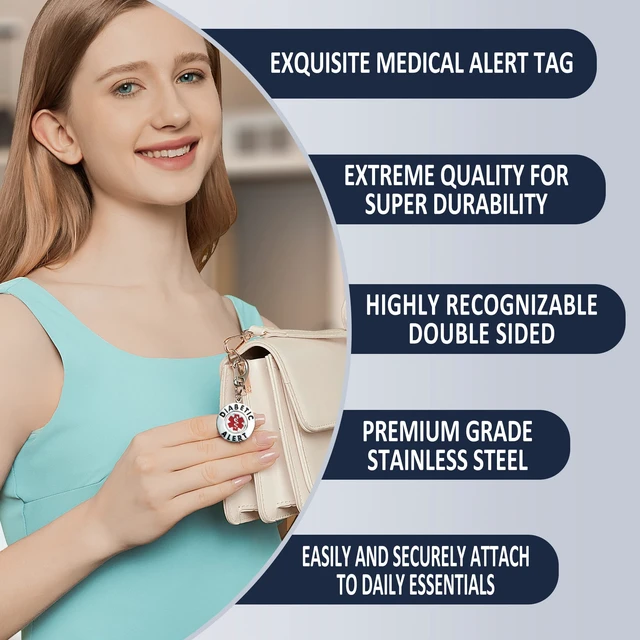 Alt view image 3 of 6 - Diabetic Alert Bag Tag | 1.25" Dual-Sided Stainless Steel Medical Emergency ID for Backpacks, Luggage & Supplies | Zipper Pull
