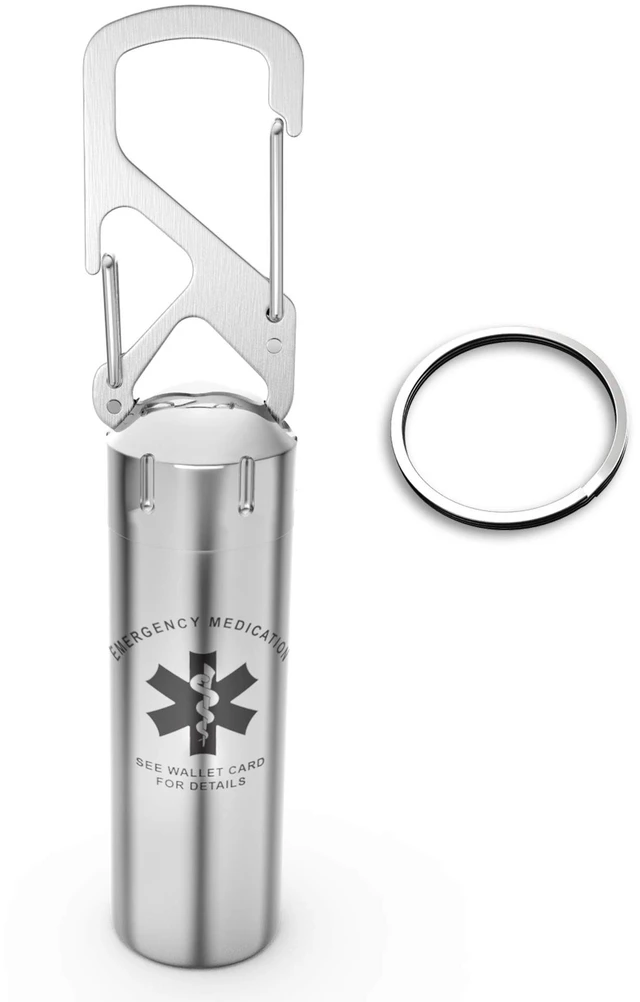 Main image of Divoti Precision CNC Machined Stainless Steel Emergency Pill Holder Keychain - Large/Caduceus