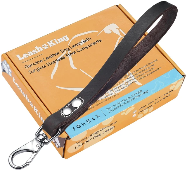 Main image of 12" x 1" Full Grain Leather Short Traffic Dog Leash - Corrosion-Resistant Stainless Steel - Heavy Duty Lead for Large Dogs - Training Handle | (Classic Black)