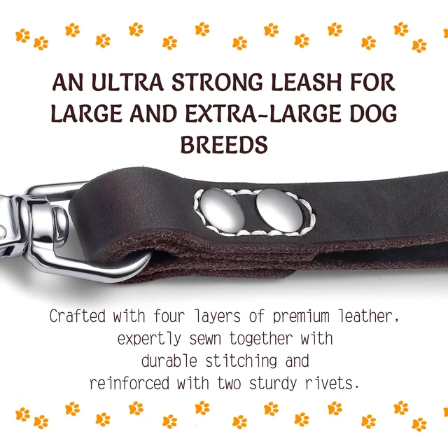 Alt view image 2 of 7 - 12" x 1" Full Grain Leather Short Traffic Dog Leash - Corrosion-Resistant Stainless Steel - Heavy Duty Lead for Large Dogs - Training Handle | (Classic Black)