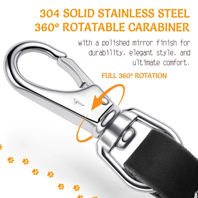 Alt view image 3 of 7 - 12" x 1" Full Grain Leather Short Traffic Dog Leash - Corrosion-Resistant Stainless Steel - Heavy Duty Lead for Large Dogs - Training Handle | (Classic Black)