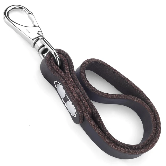 Alt view image 5 of 7 - 12" x 1" Full Grain Leather Short Traffic Dog Leash - Corrosion-Resistant Stainless Steel - Heavy Duty Lead for Large Dogs - Training Handle | (Classic Black)
