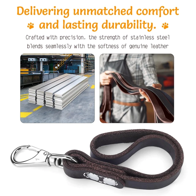 Alt view image 7 of 7 - 12" x 1" Full Grain Leather Short Traffic Dog Leash - Corrosion-Resistant Stainless Steel - Heavy Duty Lead for Large Dogs - Training Handle | (Classic Black)