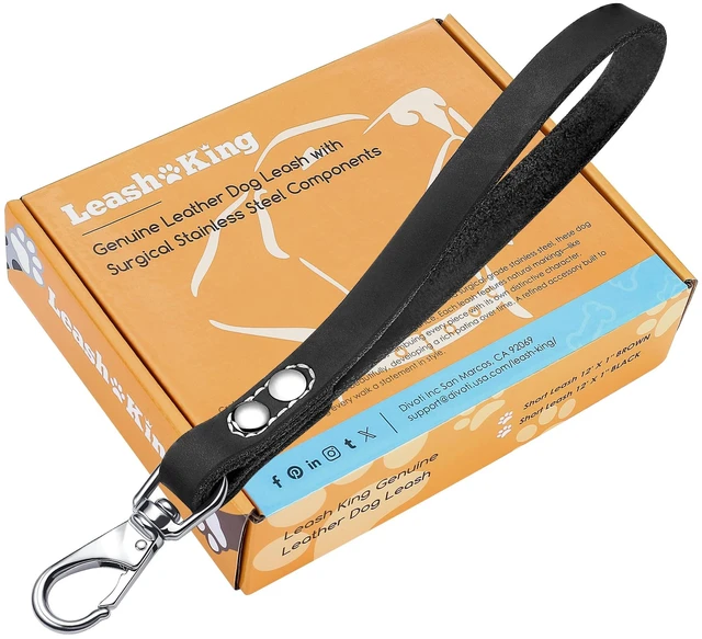Main image of 12" x 1" Full Grain Leather Short Traffic Dog Leash - Corrosion-Resistant Stainless Steel - Heavy Duty Lead for Large Dogs - Training Handle | (Classic Black)