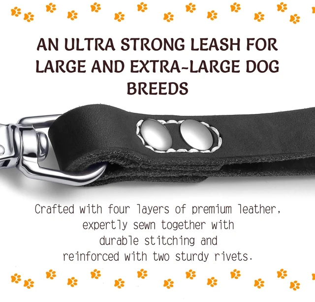 Alt view image 2 of 7 - 12" x 1" Full Grain Leather Short Traffic Dog Leash - Corrosion-Resistant Stainless Steel - Heavy Duty Lead for Large Dogs - Training Handle | (Classic Black)