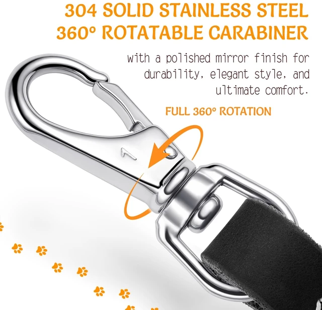 Alt view image 3 of 7 - 12" x 1" Full Grain Leather Short Traffic Dog Leash - Corrosion-Resistant Stainless Steel - Heavy Duty Lead for Large Dogs - Training Handle | (Classic Black)