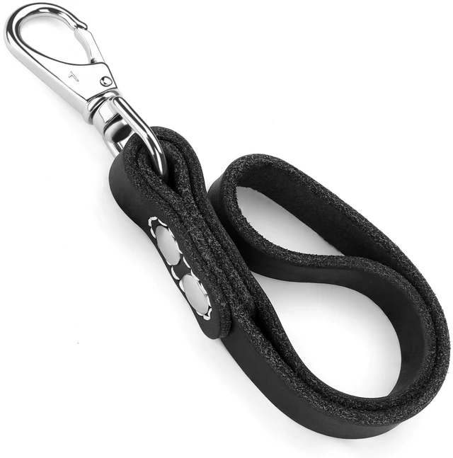 Alt view image 5 of 7 - 12" x 1" Full Grain Leather Short Traffic Dog Leash - Corrosion-Resistant Stainless Steel - Heavy Duty Lead for Large Dogs - Training Handle | (Classic Black)