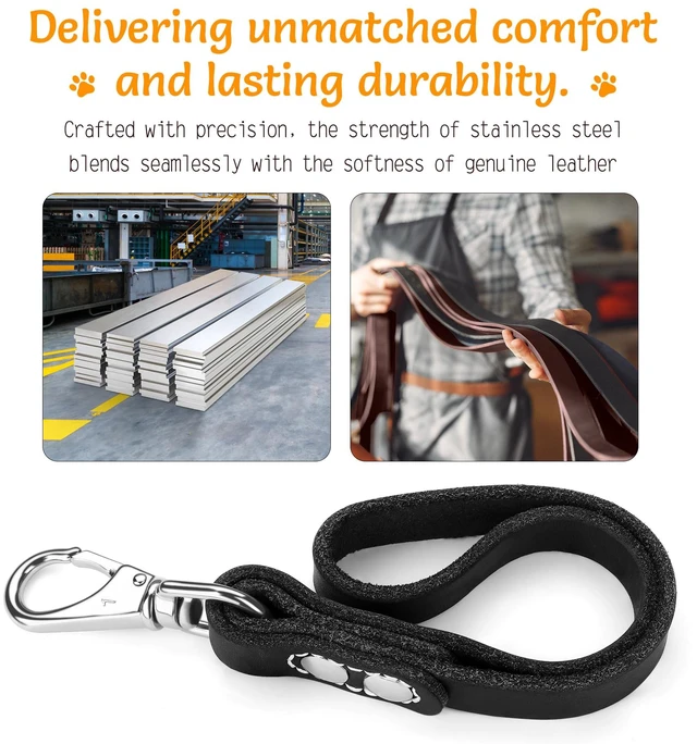 Alt view image 7 of 7 - 12" x 1" Full Grain Leather Short Traffic Dog Leash - Corrosion-Resistant Stainless Steel - Heavy Duty Lead for Large Dogs - Training Handle | (Classic Black)