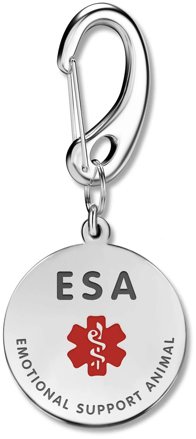 Main image of 1" Double Sided ESA (Emotional Support Animal) Dog Medical Alert Tag w/Quick Clip Dog Collar or Harness Quickly and Securely Entirely Surgical Stainless w/Hard Enamel