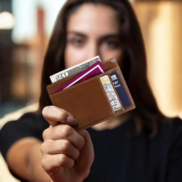 Alt view image 5 of 6 - BISONDALE Men's RFID Blocking Slim Front Pocket Wallet Card Holder, Full Grain Leather - Brown