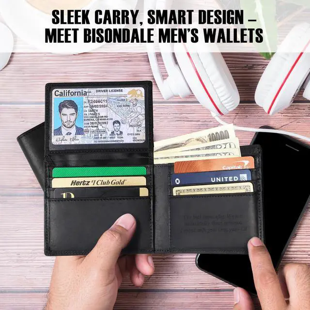 Alt view image 4 of 6 - BISONDALE Men's RFID Blocking Slim Bifold Wallet, Full Grain Crazy Horse Leather Card Holder - Black