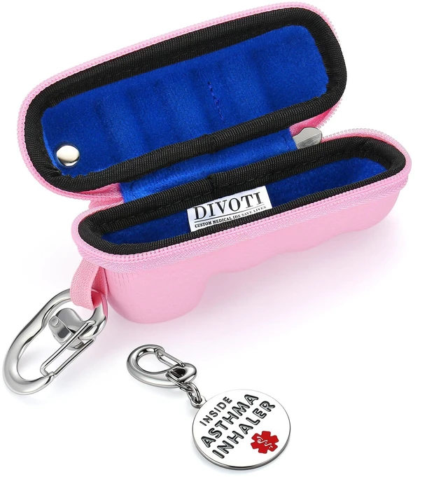 Alt view image 4 of 7 - Divoti Asthma Inhaler Travel Case Protective Storage Pouch Keychain Carabiner - Pink