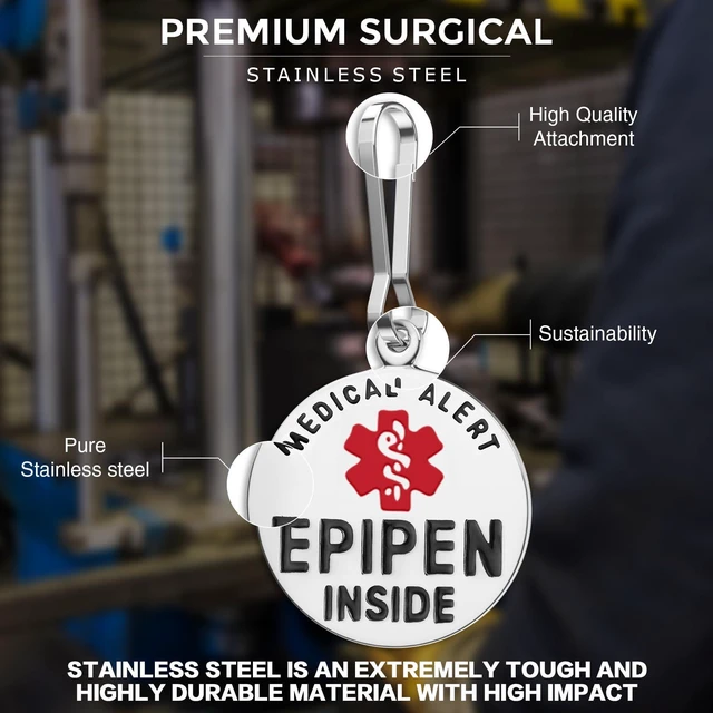 Alt view image 5 of 7 - Divoti EpiPen Inside Emergency Medical Alert Tag, 1.25" Stainless Steel Zipper Pull