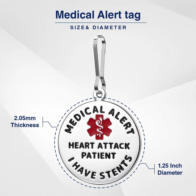 Alt view image 2 of 7 - Divoti Emergency Medical Alert ID Tag with Zipper Pull, Stainless Steel - Heart Attack & Stents