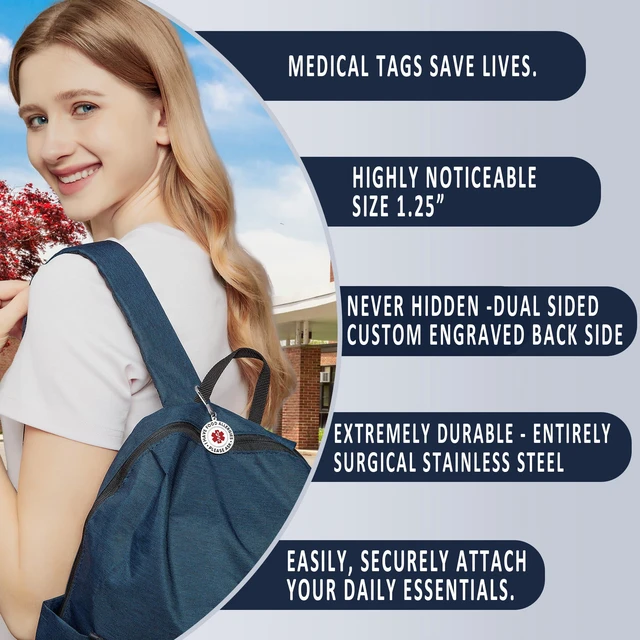 Alt view image 3 of 5 - Divoti 1.25" Stainless Steel Food Allergy Emergency Medical Alert Bag Tag Zipper Pull