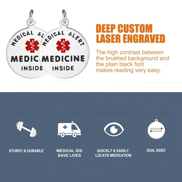 Alt view image 2 of 5 - Divoti 1.25" 316L Stainless Steel Medicine Inside Emergency Medical ID Bag Tag Zipper Pull