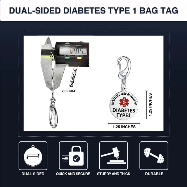 Alt view image 2 of 6 - Divoti 1.25" Stainless Steel Type 1 Diabetes Emergency Medical Alert Bag Tag Zipper Pull