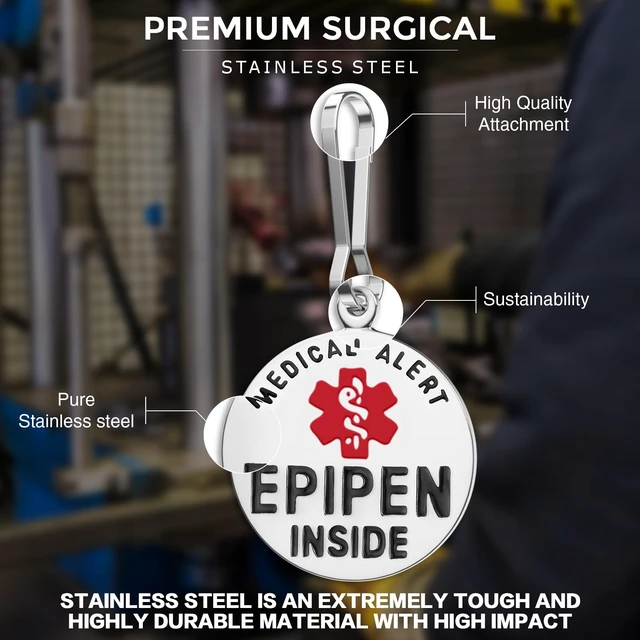 Alt view image 6 of 7 - Divoti EpiPen Inside Medical Alert Tag, 1.25" Stainless Steel/Cable Loop