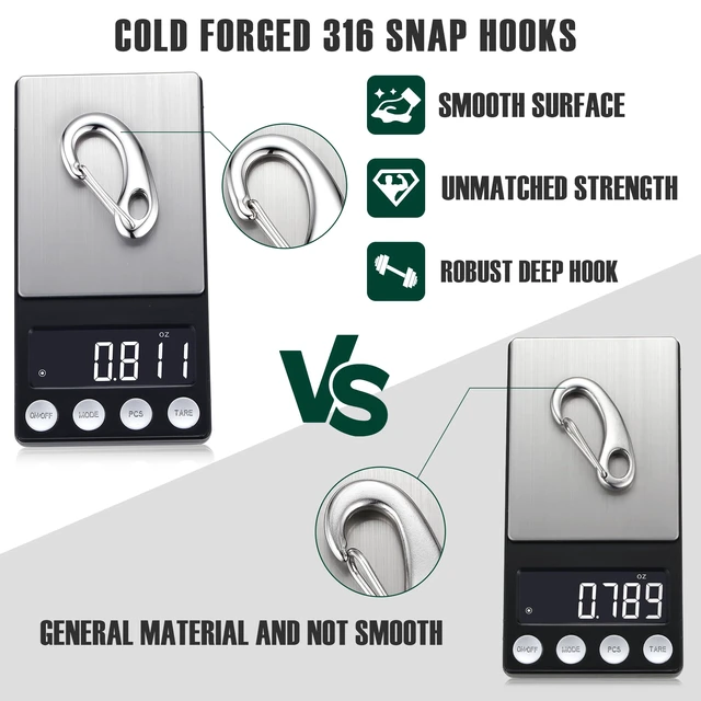 Alt view image 3 of 6 - STEEL HAWK 5-Piece Stainless Steel Carabiner Set, Cold Forged Snap Hooks, Mirror Finish, Curved Edge Clips
