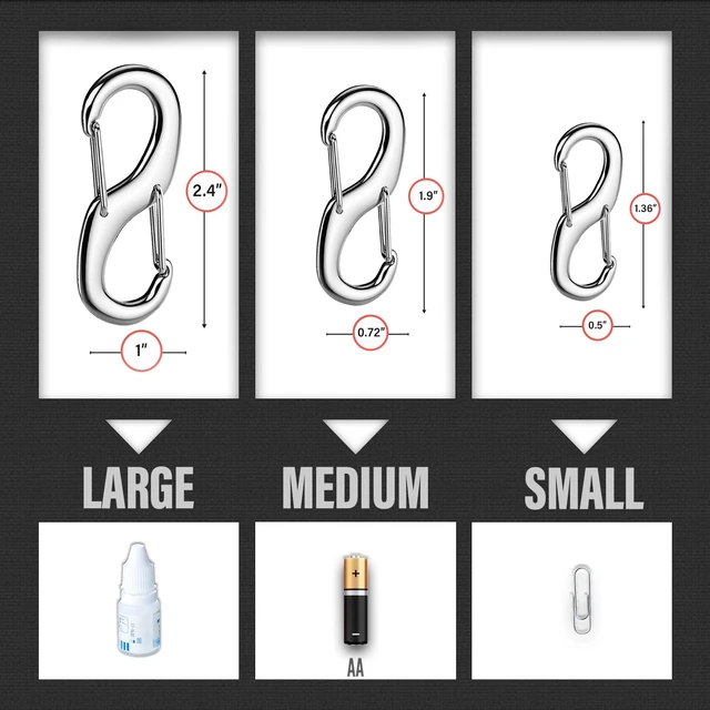 Alt view image 5 of 7 - STEEL HAWK Cold Forged S-Shaped Stainless Steel Carabiner Clips, S/M/L, Double Carabiner, 3-Pack, Dual Spring Wire Gate, Black